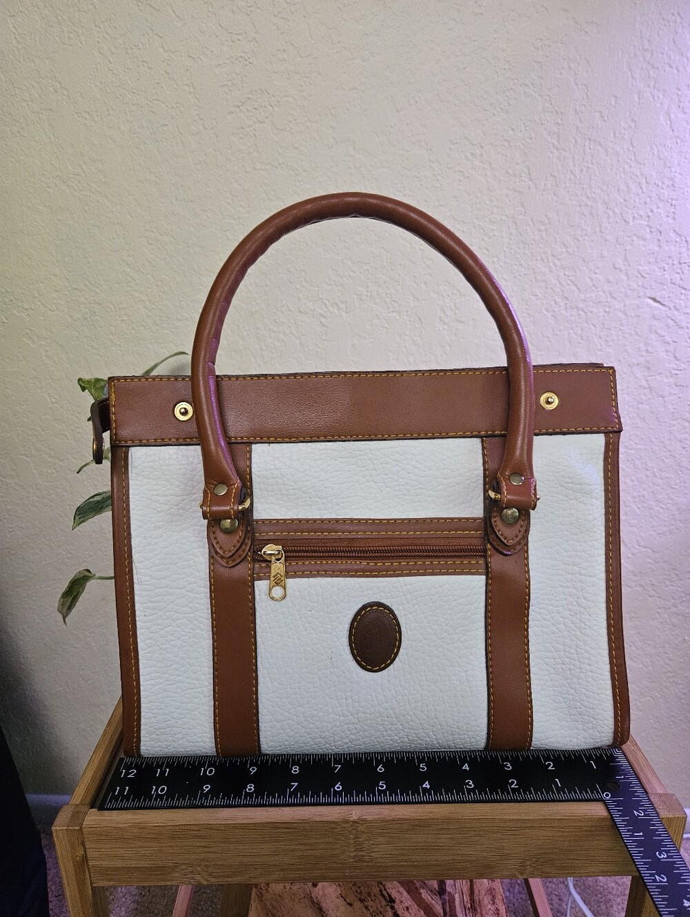 M. C. Pebbled Two-Tone Leather Bag in White and Brown - Picture 3 of 15